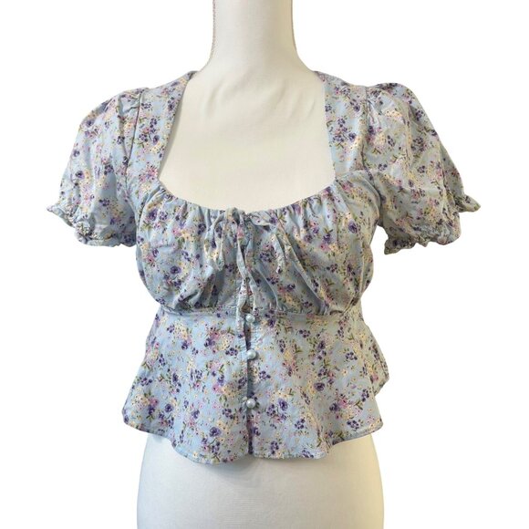 Floral Puff Sleeve Cropped Blouse With Button Front & Tie Detail -Junior Size L - Picture 1 of 11